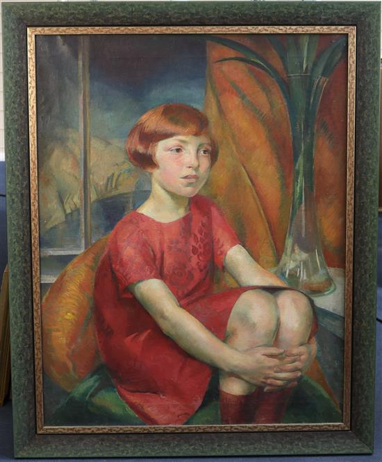 Rosalie Emslie (1891-?) Portrait of a girl seated in a red dress 36 x 28in.